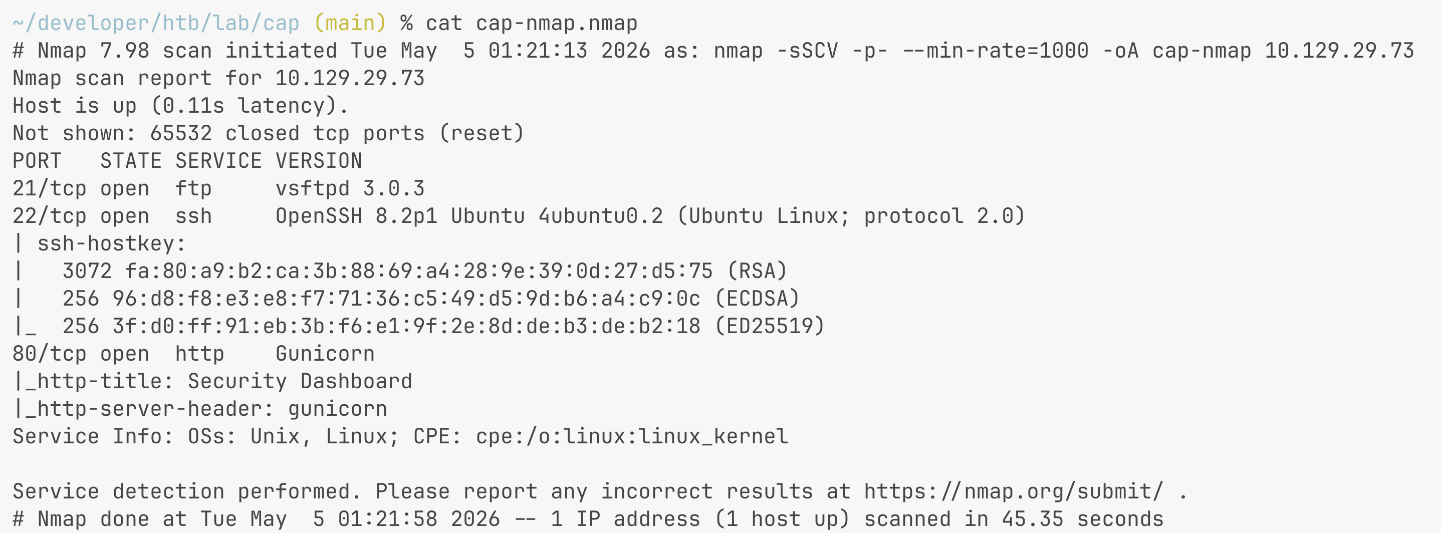 nmap scan results for Cap