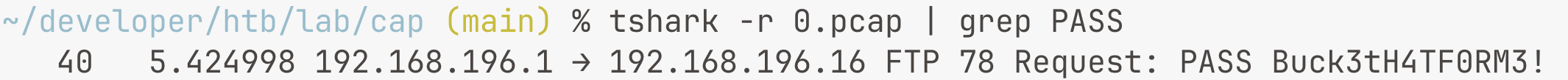 tshark output showing FTP credentials in the PCAP